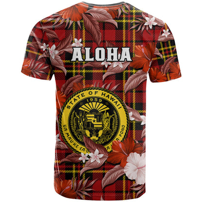Hawaii State T Shirt Tropical Flowers Mix Tartan Red Version