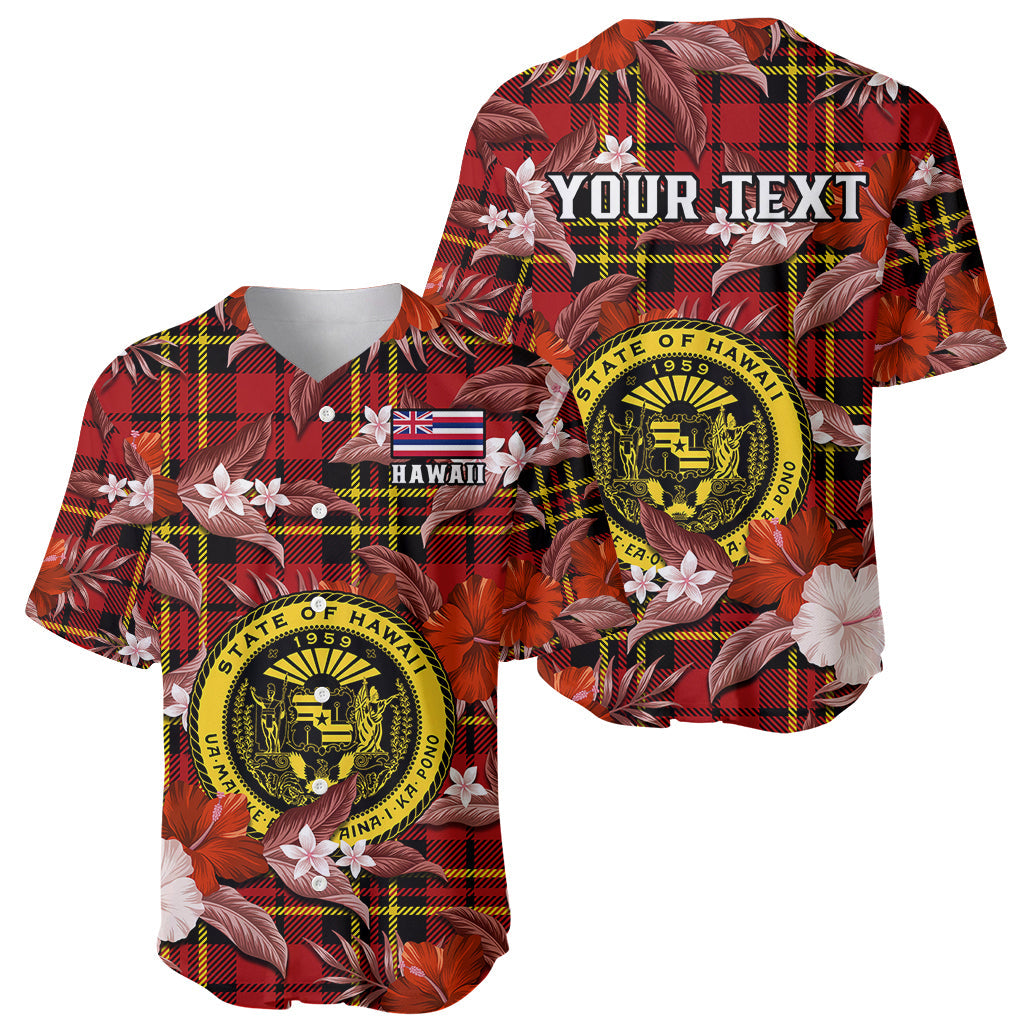 (Custom Personalised) Hawaii State Baseball Jersey Tropical Flowers Mix Tartan Red Version