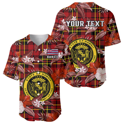 (Custom Personalised) Hawaii State Baseball Jersey Tropical Flowers Mix Tartan Red Version