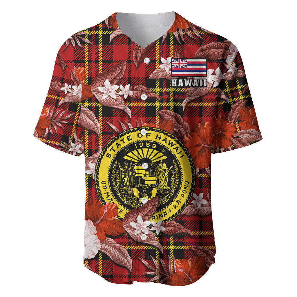 (Custom Personalised) Hawaii State Baseball Jersey Tropical Flowers Mix Tartan Red Version
