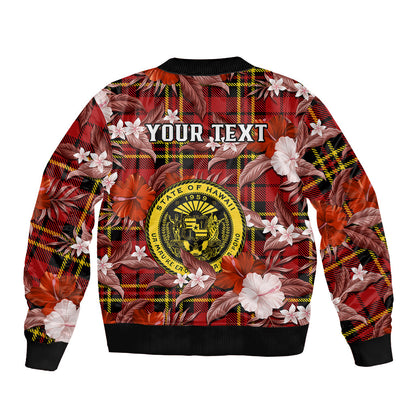 (Custom Personalised) Hawaii State Bomber Jacket Tropical Flowers Mix Tartan Red Version