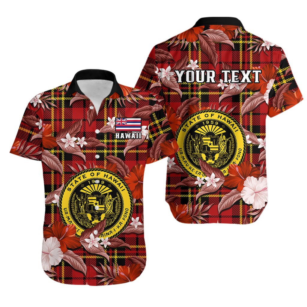 Custom Personalised Hawaii State Hawaiian Shirt Tropical Flowers Mix Tartan Red Version