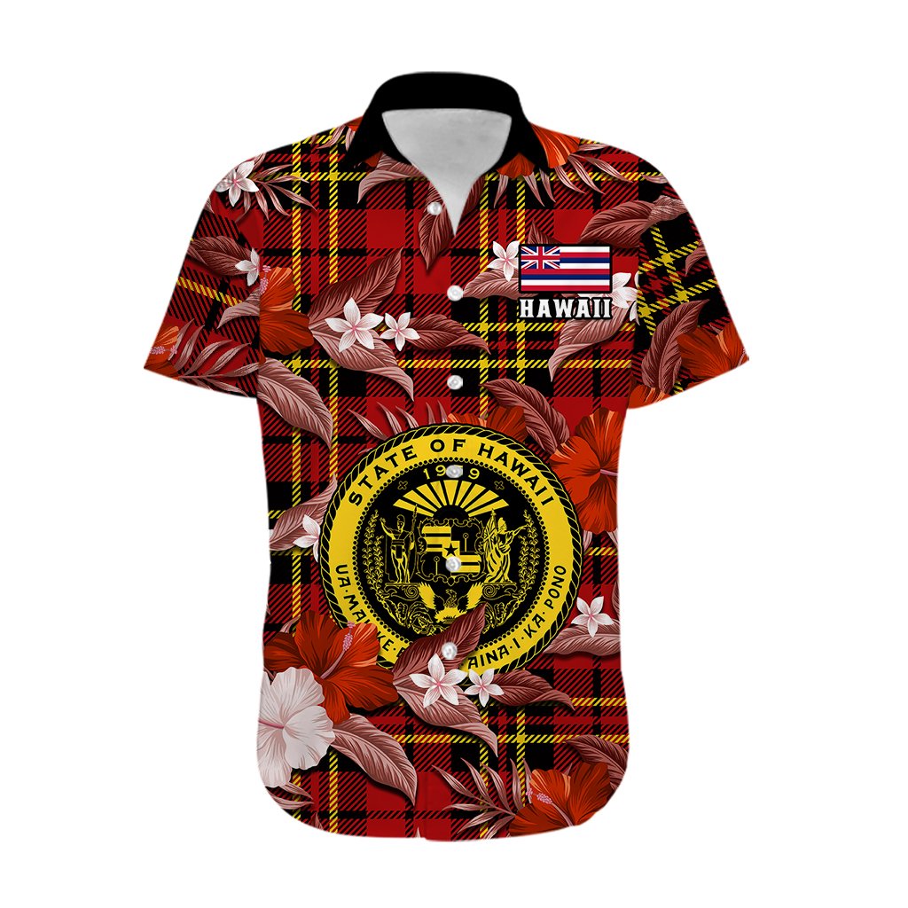 Custom Personalised Hawaii State Hawaiian Shirt Tropical Flowers Mix Tartan Red Version