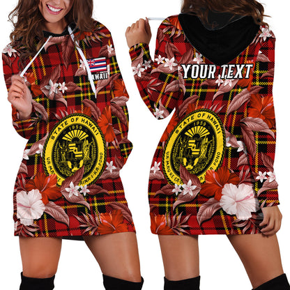 Custom Personalised Hawaii State Hoodie Dress Tropical Flowers Mix Tartan Red Version