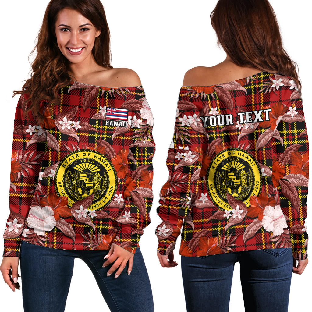 (Custom Personalised) Hawaii State Off Shoulder Sweater Tropical Flowers Mix Tartan Red Version