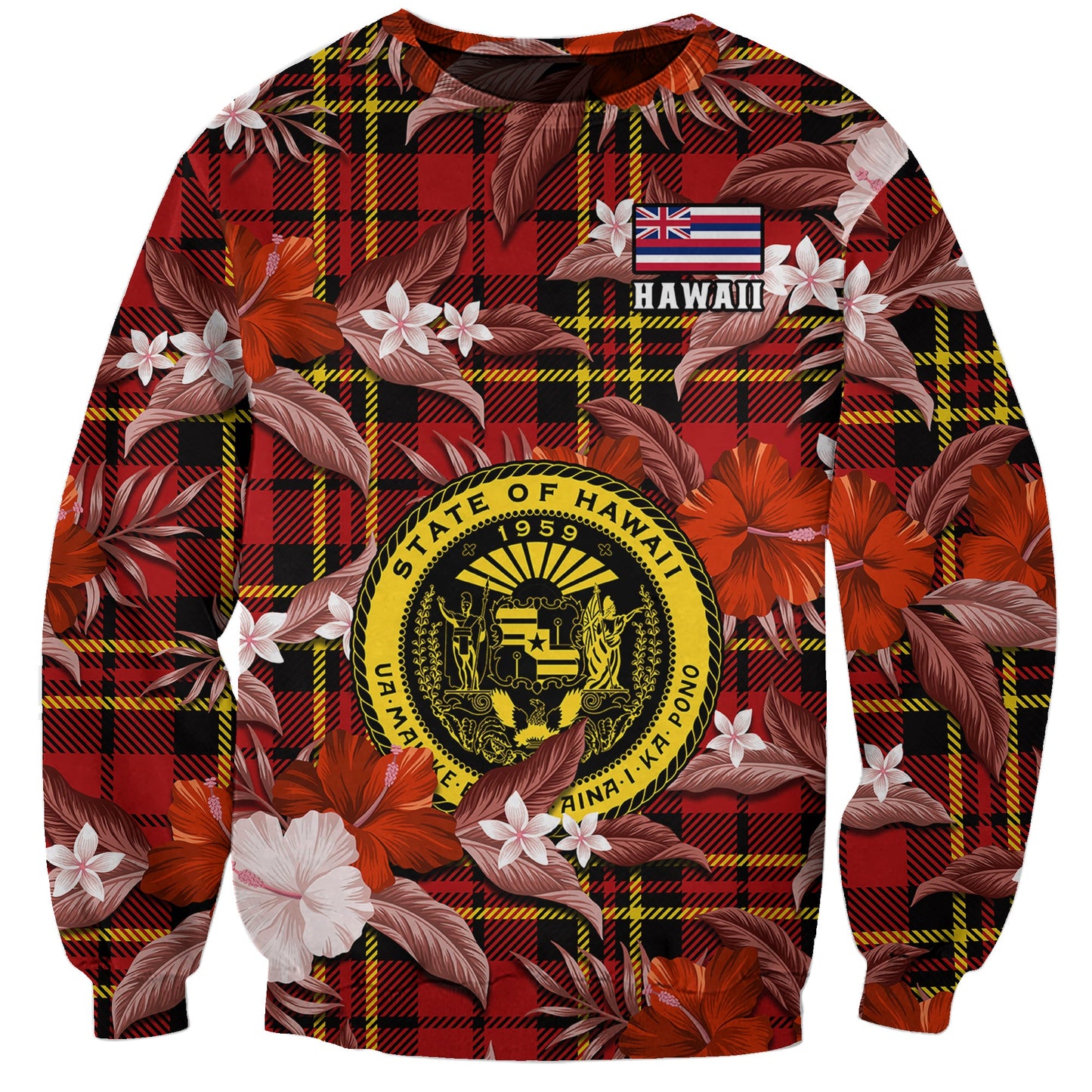 Custom Personalised Hawaii State Sweatshirt Tropical Flowers Mix Tartan Red Version