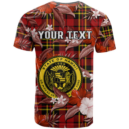 (Custom Personalised) Hawaii State T Shirt Tropical Flowers Mix Tartan Red Version