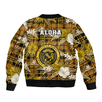 Hawaii State Bomber Jacket Tropical Flowers Mix Tartan Gold Version