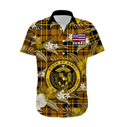 Hawaii State Hawaiian Shirt Tropical Flowers Mix Tartan Gold Version