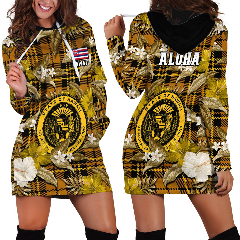 Hawaii State Hoodie Dress Tropical Flowers Mix Tartan Gold Version
