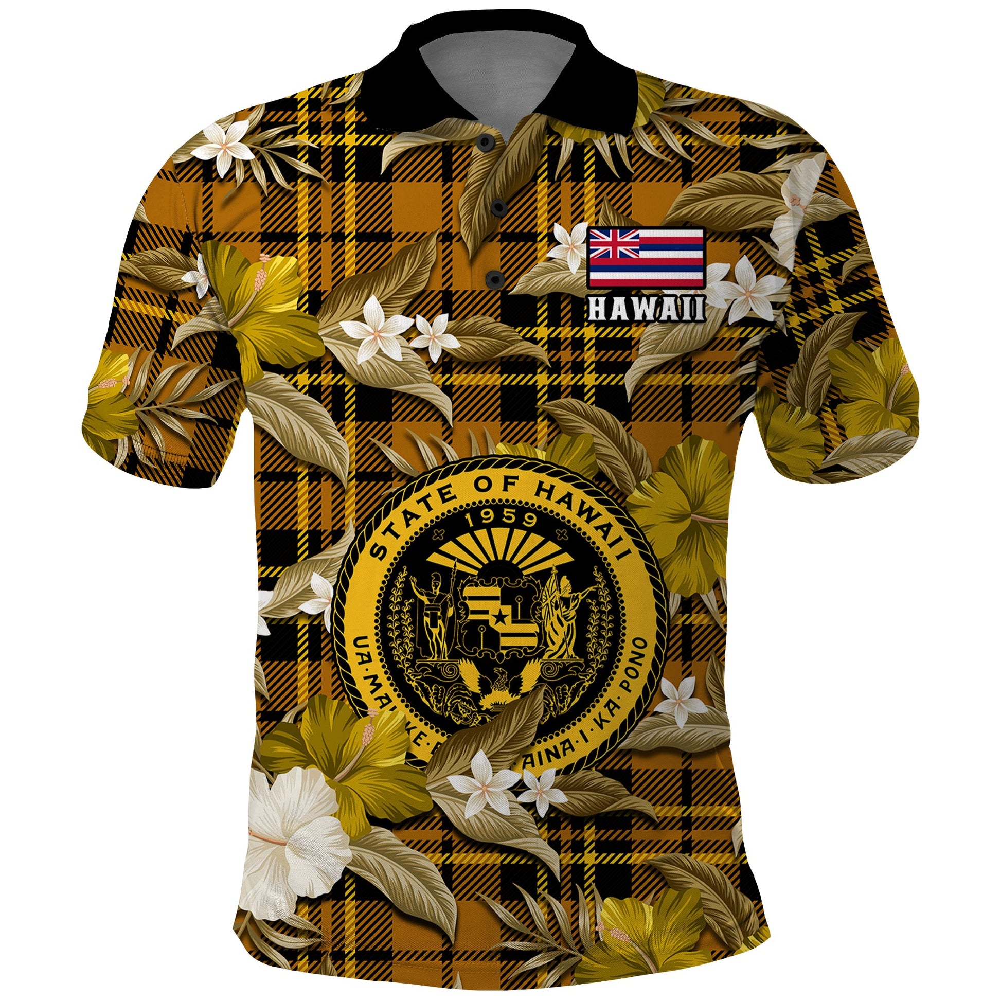 Hawaii State Polo Shirt Tropical Flowers Mix Tartan Gold Version