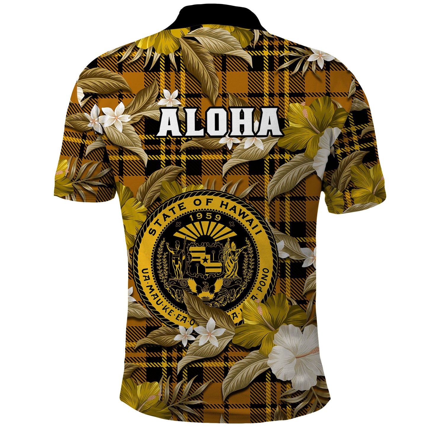 Hawaii State Polo Shirt Tropical Flowers Mix Tartan Gold Version