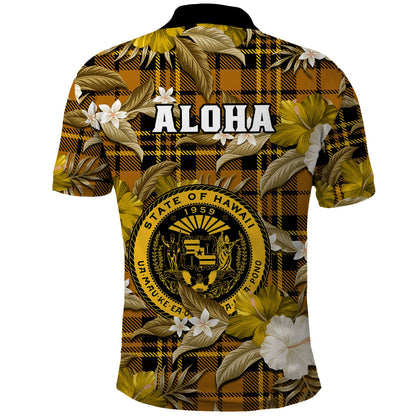 Hawaii State Polo Shirt Tropical Flowers Mix Tartan Gold Version