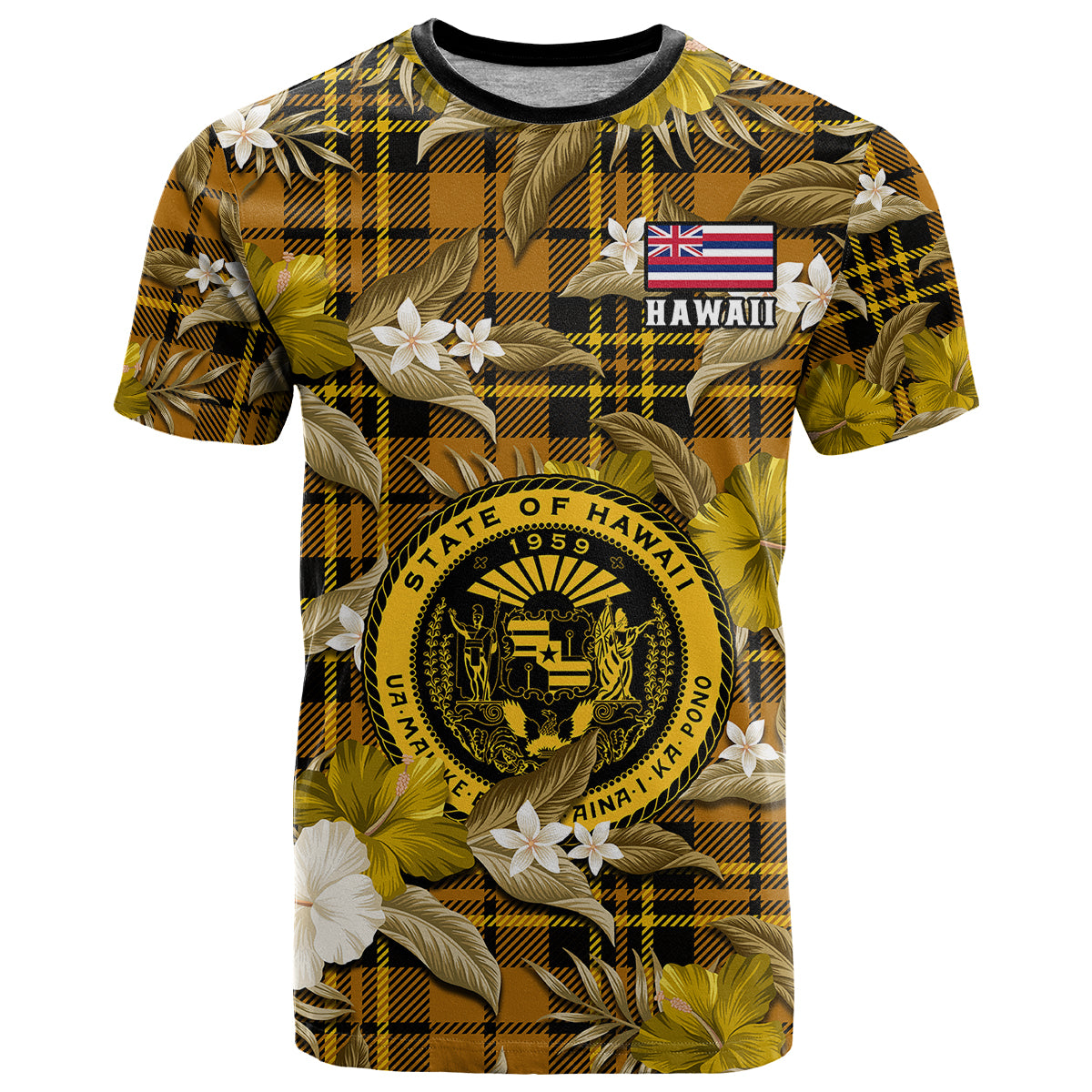 Hawaii State T Shirt Tropical Flowers Mix Tartan Gold Version