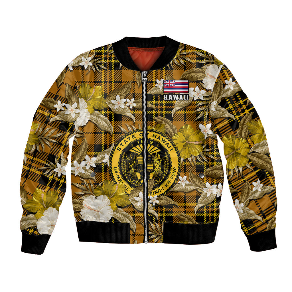 (Custom Personalised) Hawaii State Bomber Jacket Tropical Flowers Mix Tartan Gold Version