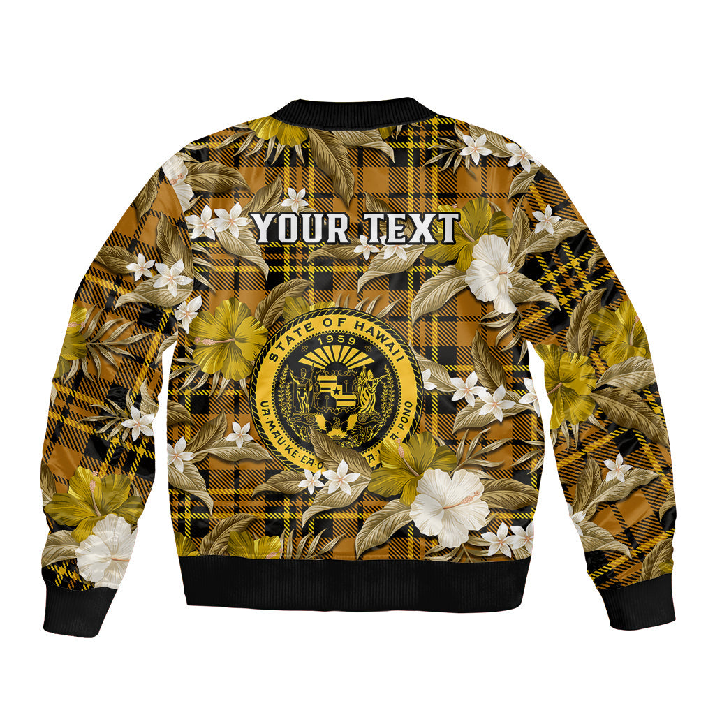 (Custom Personalised) Hawaii State Bomber Jacket Tropical Flowers Mix Tartan Gold Version