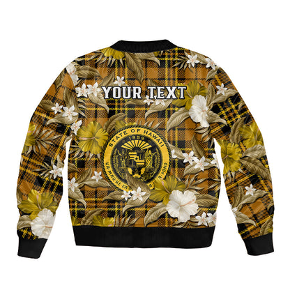 (Custom Personalised) Hawaii State Bomber Jacket Tropical Flowers Mix Tartan Gold Version