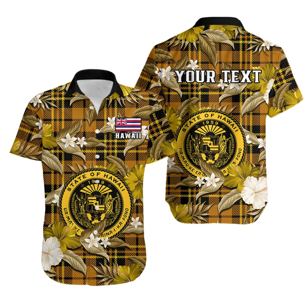 Custom Personalised Hawaii State Hawaiian Shirt Tropical Flowers Mix Tartan Gold Version