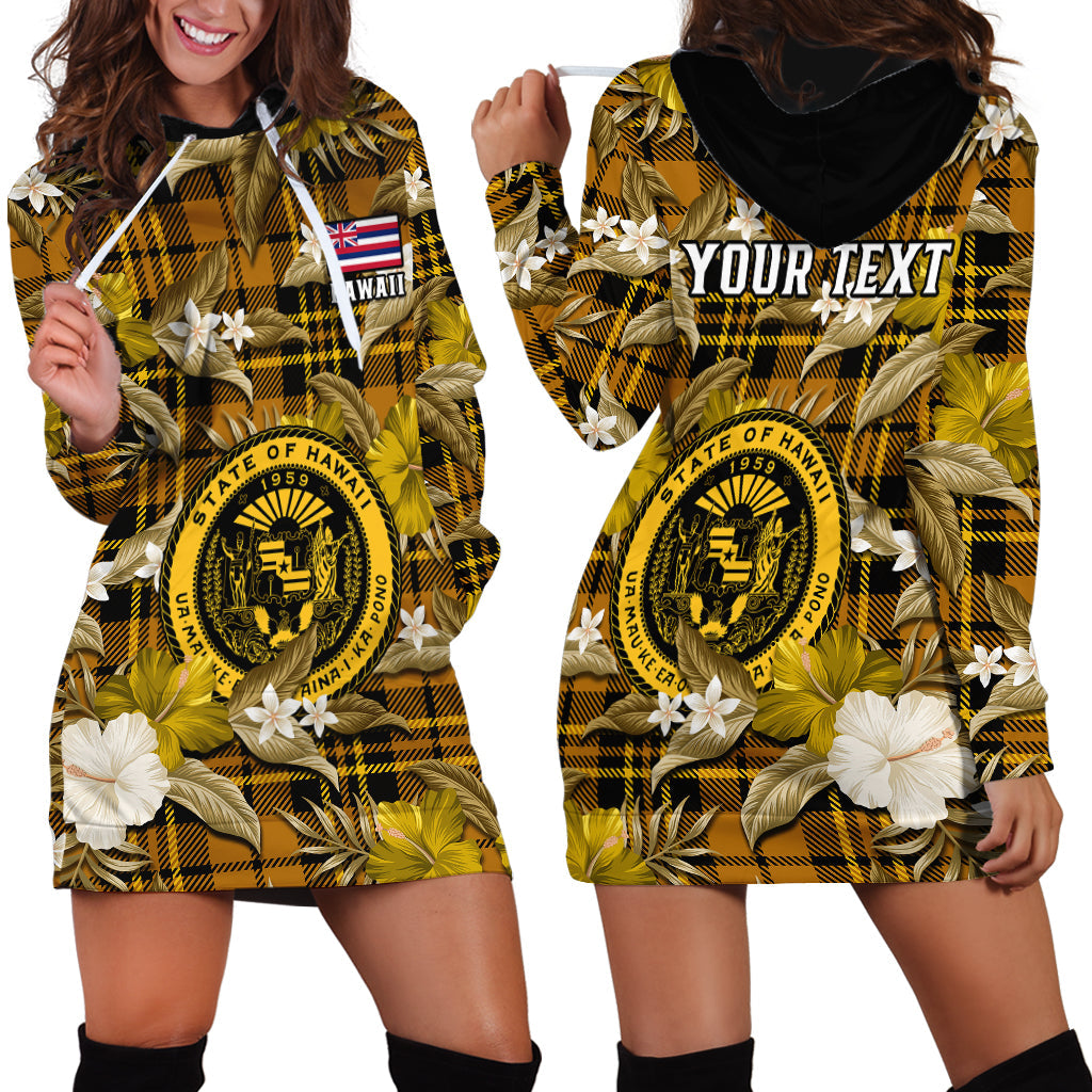 Custom Personalised Hawaii State Hoodie Dress Tropical Flowers Mix Tartan Gold Version