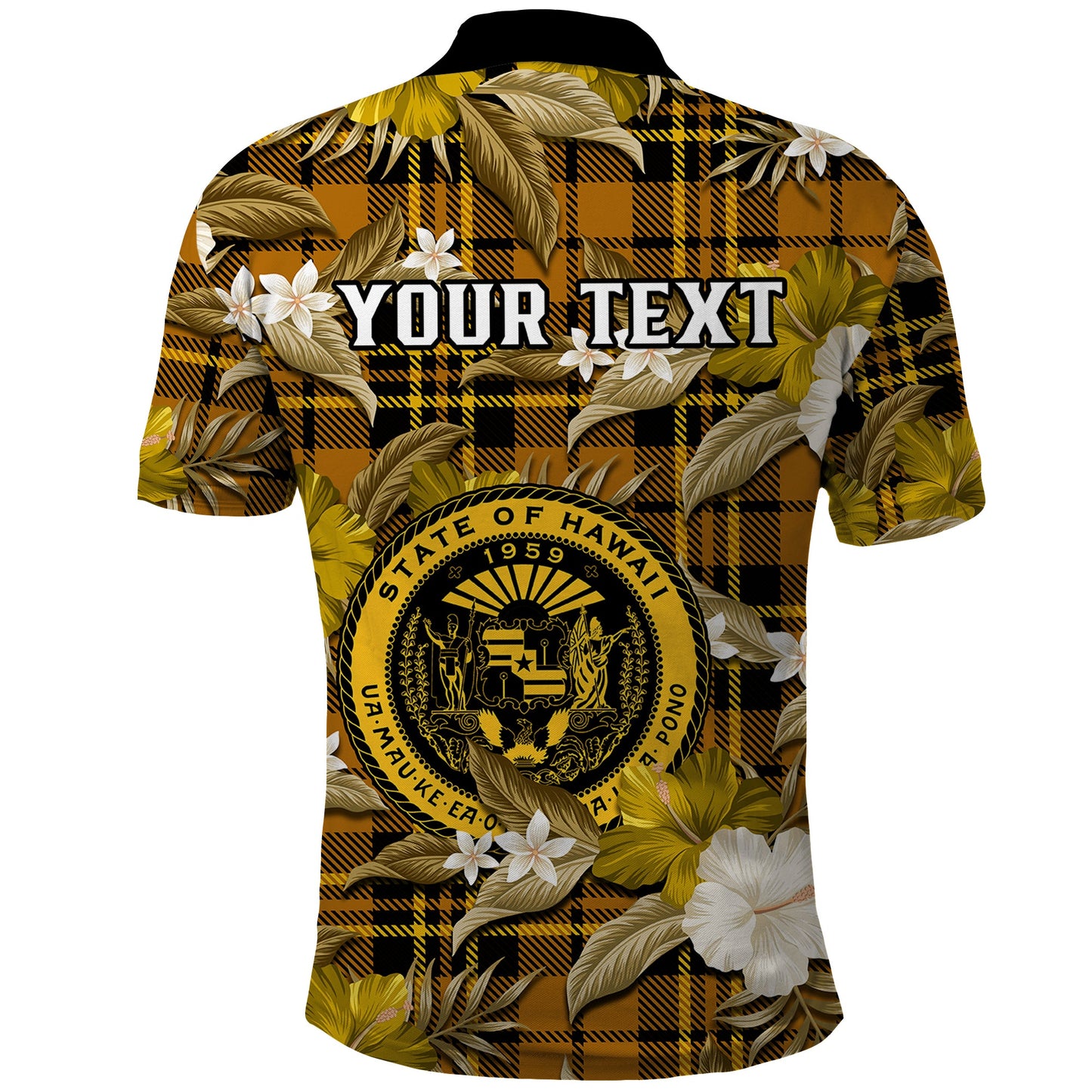 Custom Personalised Hawaii State Polo Shirt Tropical Flowers Mix Tartan Gold Version