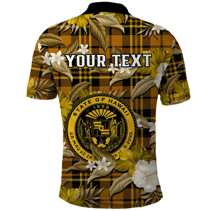 Custom Personalised Hawaii State Polo Shirt Tropical Flowers Mix Tartan Gold Version
