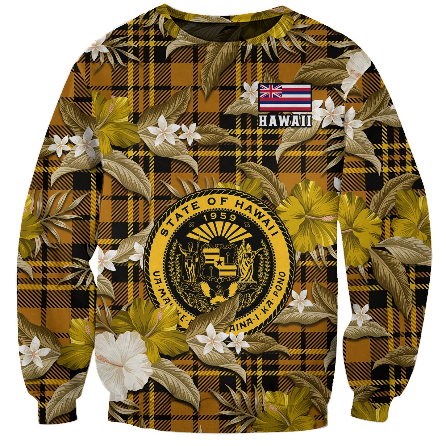 Custom Personalised Hawaii State Sweatshirt Tropical Flowers Mix Tartan Gold Version