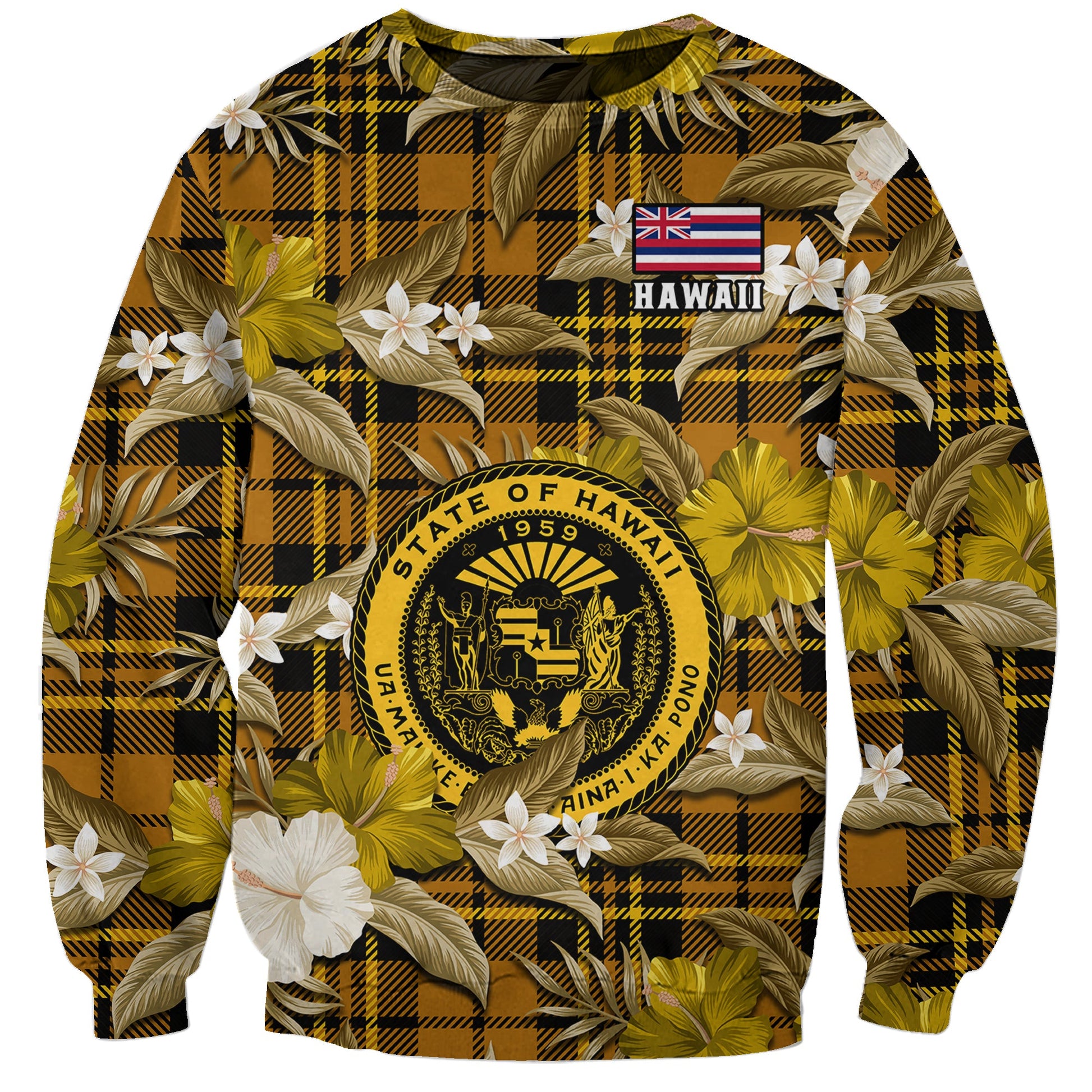 Custom Personalised Hawaii State Sweatshirt Tropical Flowers Mix Tartan Gold Version