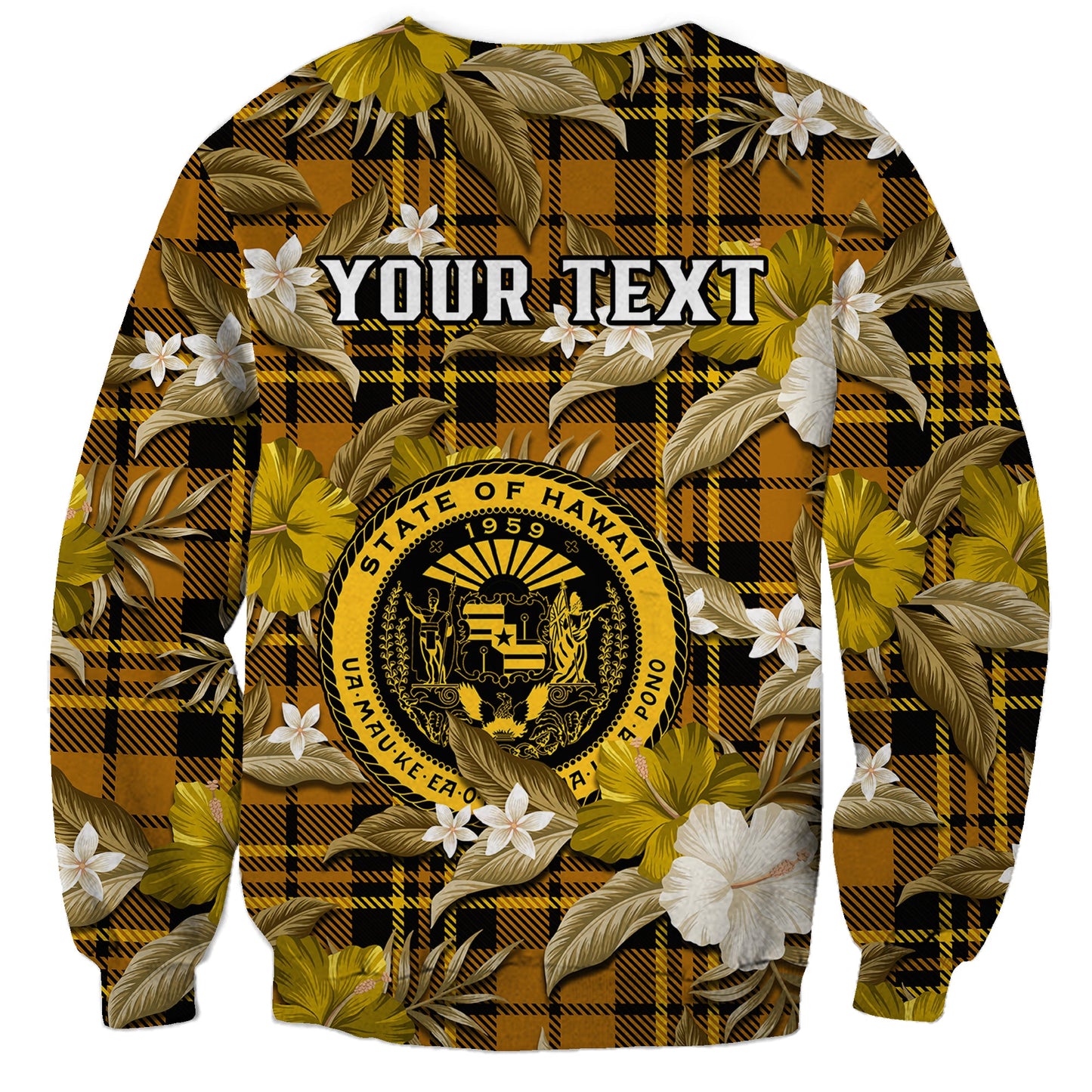 Custom Personalised Hawaii State Sweatshirt Tropical Flowers Mix Tartan Gold Version