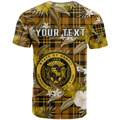 (Custom Personalised) Hawaii State T Shirt Tropical Flowers Mix Tartan Gold Version