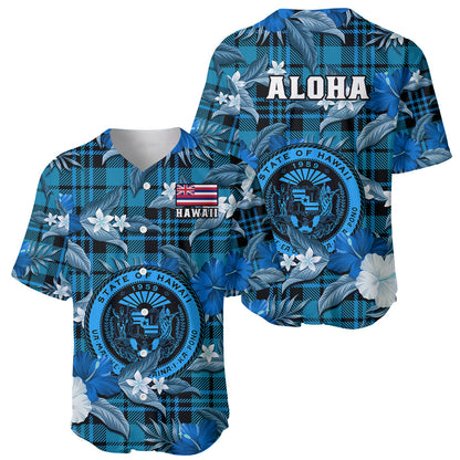 Hawaii State Baseball Jersey Tropical Flowers Mix Tartan Blue Version