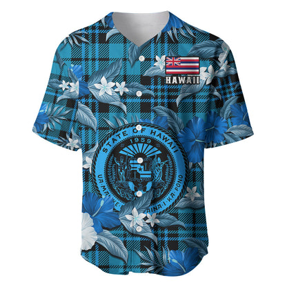 Hawaii State Baseball Jersey Tropical Flowers Mix Tartan Blue Version