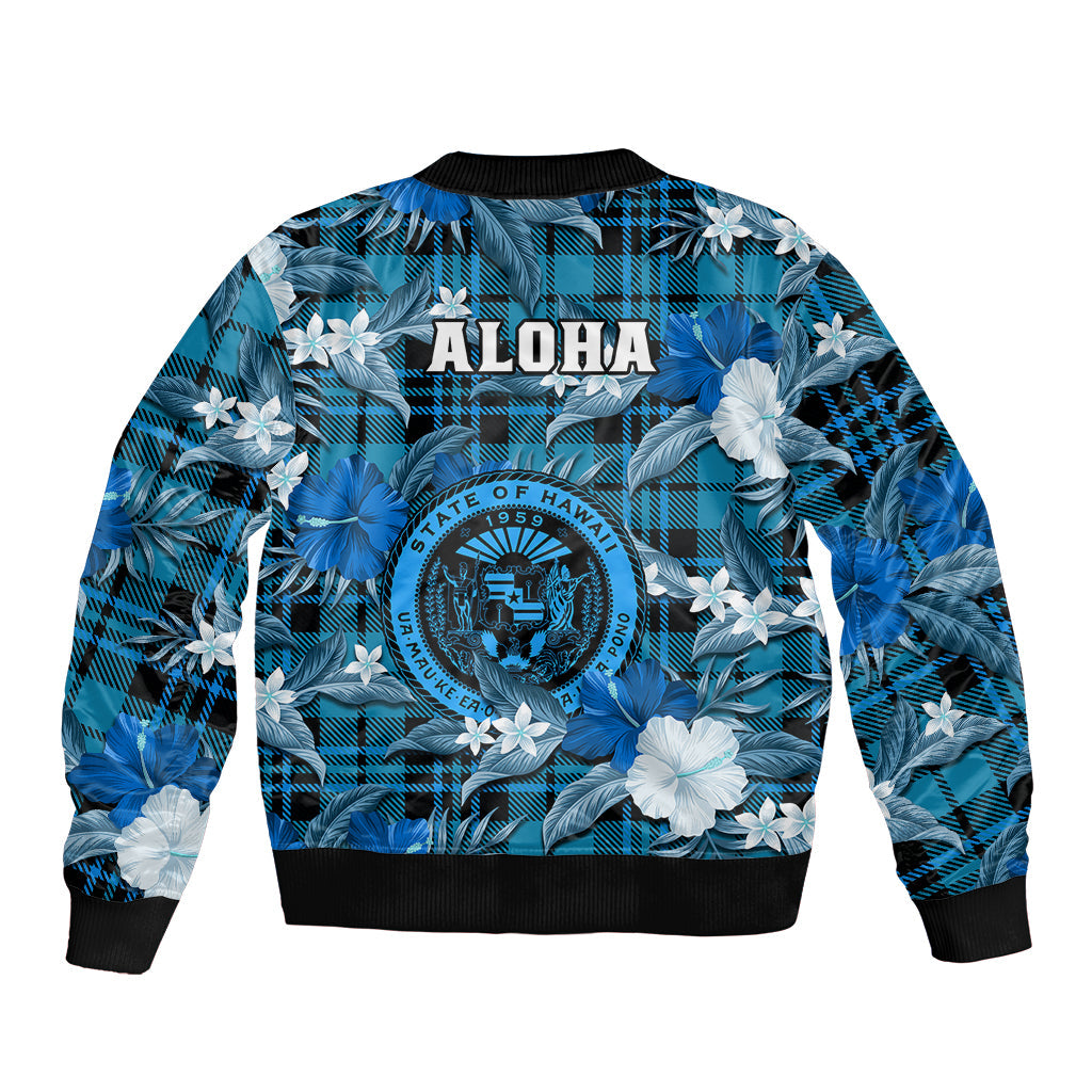 Hawaii State Bomber Jacket Tropical Flowers Mix Tartan Blue Version