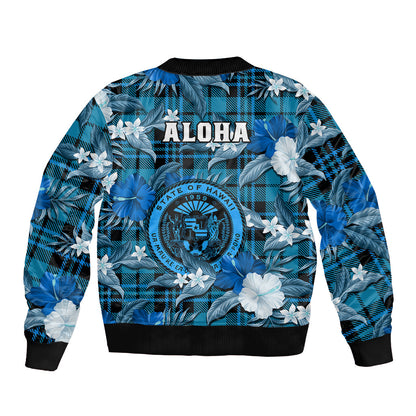 Hawaii State Bomber Jacket Tropical Flowers Mix Tartan Blue Version