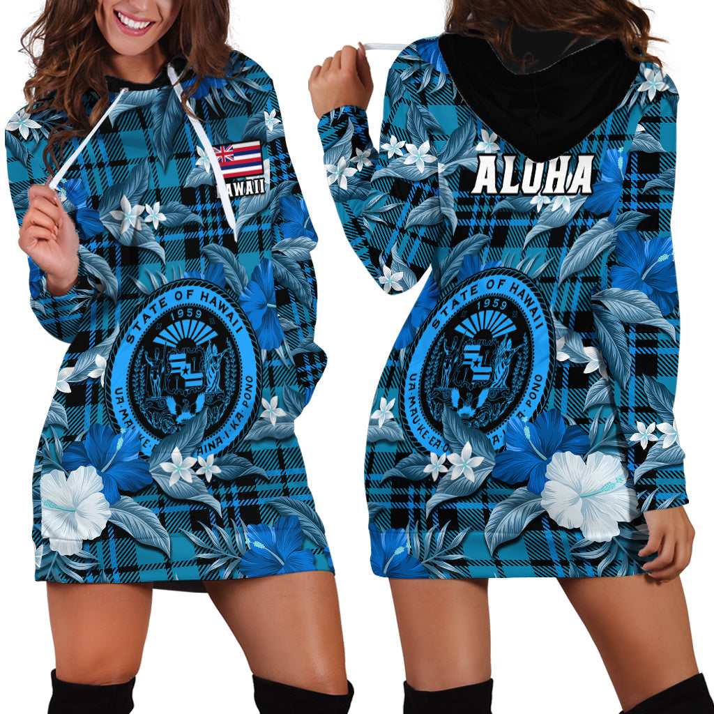Hawaii State Hoodie Dress Tropical Flowers Mix Tartan Blue Version