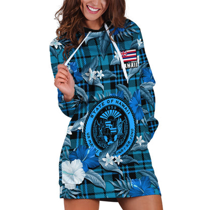 Hawaii State Hoodie Dress Tropical Flowers Mix Tartan Blue Version