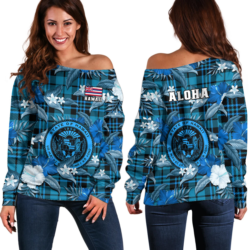 Hawaii State Off Shoulder Sweater Tropical Flowers Mix Tartan Blue Version