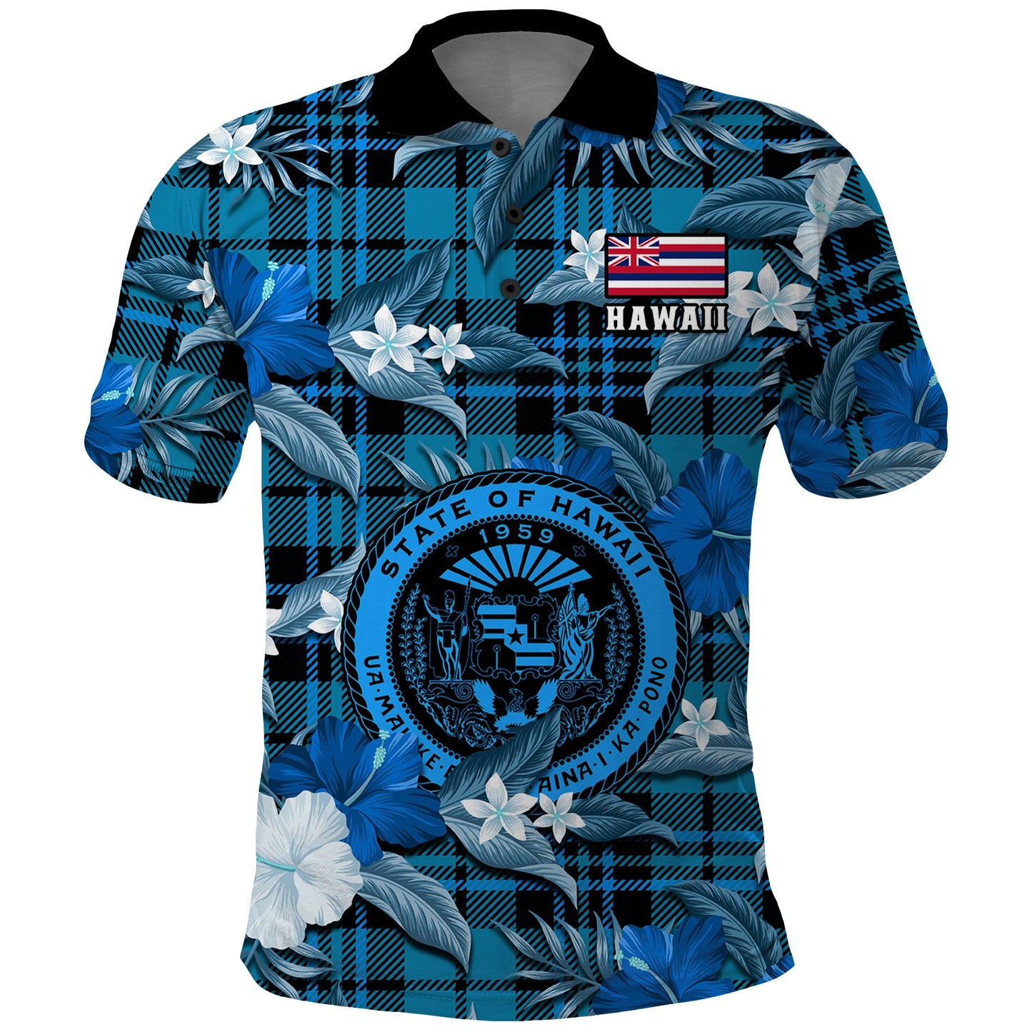 Hawaii State Polo Shirt Tropical Flowers Mix Tartan Blue Version
