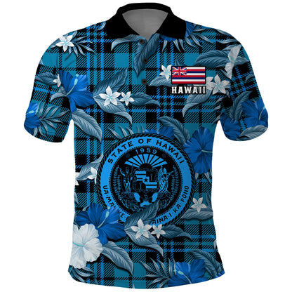 Hawaii State Polo Shirt Tropical Flowers Mix Tartan Blue Version