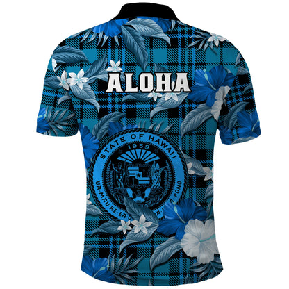 Hawaii State Polo Shirt Tropical Flowers Mix Tartan Blue Version