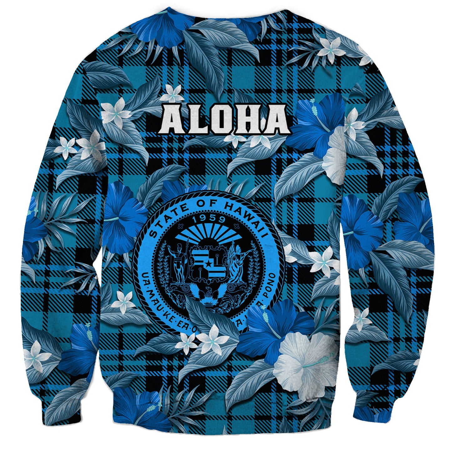 Hawaii State Sweatshirt Tropical Flowers Mix Tartan Blue Version