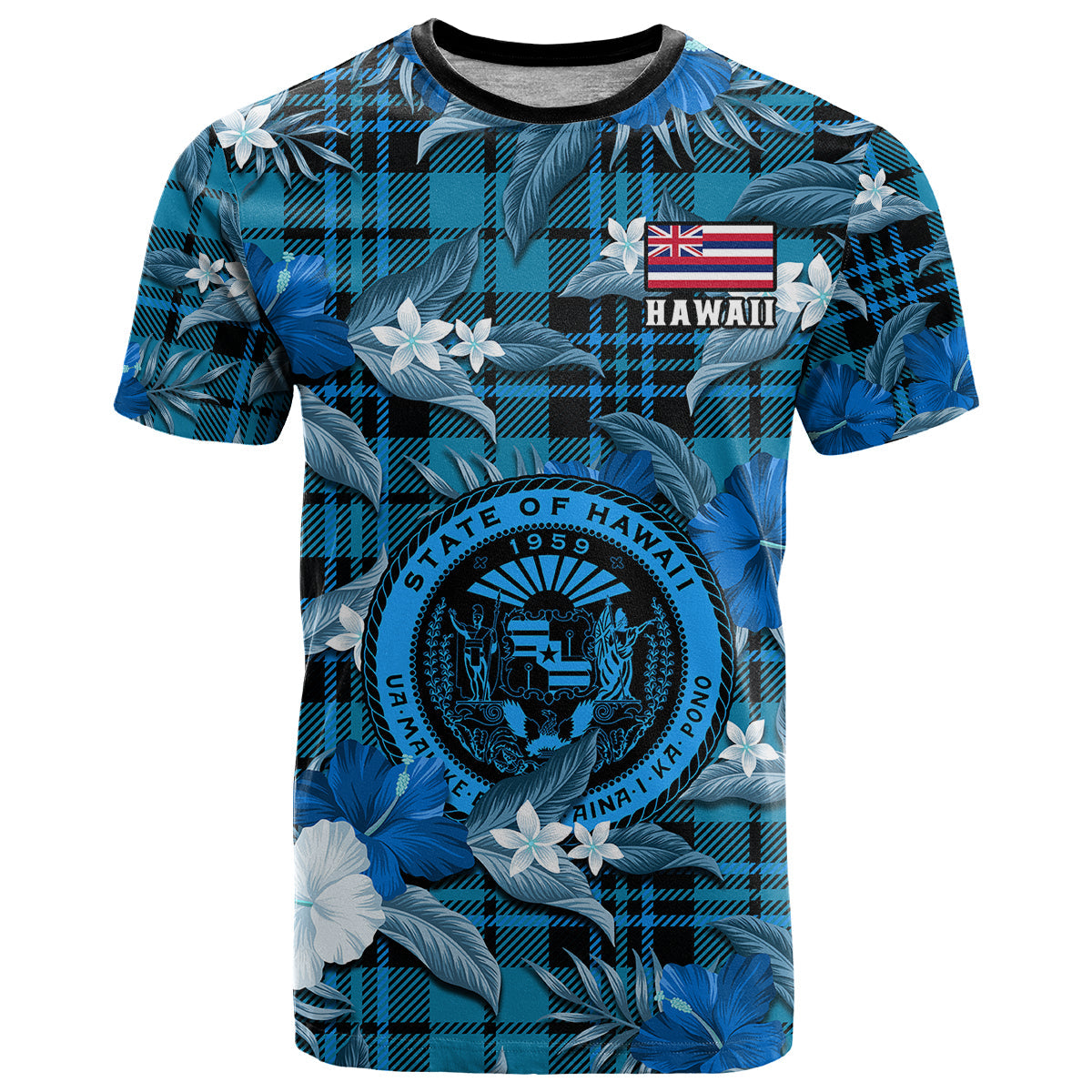 Hawaii State T Shirt Tropical Flowers Mix Tartan Blue Version