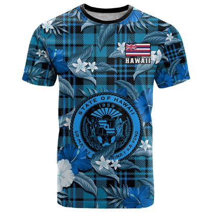 Hawaii State T Shirt Tropical Flowers Mix Tartan Blue Version
