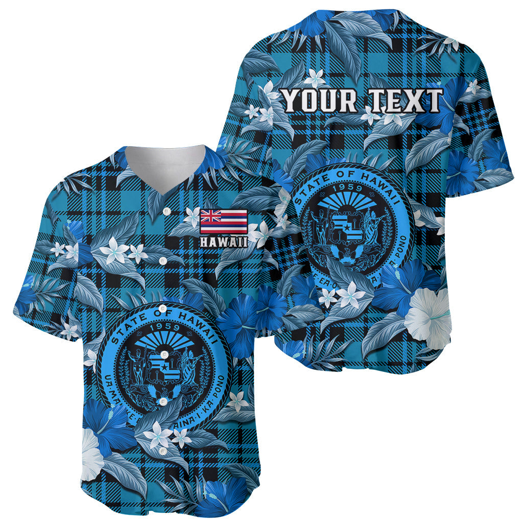 (Custom Personalised) Hawaii State Baseball Jersey Tropical Flowers Mix Tartan Blue Version