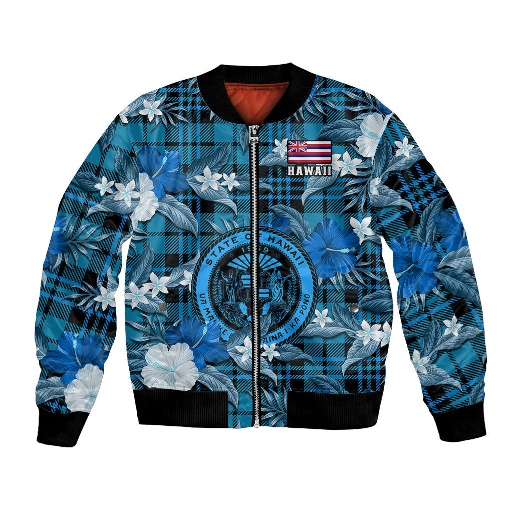(Custom Personalised) Hawaii State Bomber Jacket Tropical Flowers Mix Tartan Blue Version