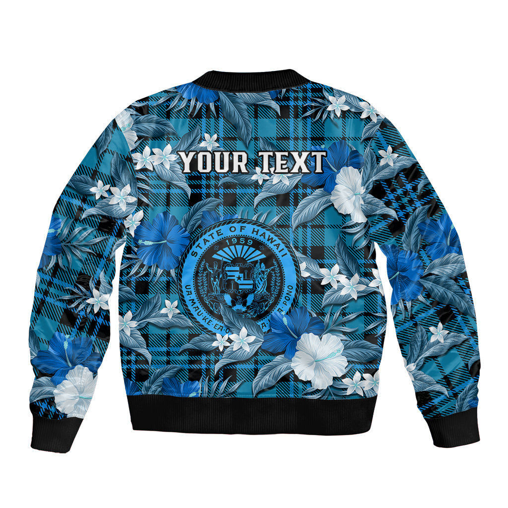 (Custom Personalised) Hawaii State Bomber Jacket Tropical Flowers Mix Tartan Blue Version