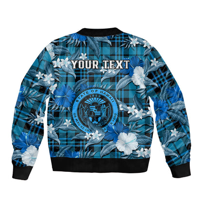 (Custom Personalised) Hawaii State Bomber Jacket Tropical Flowers Mix Tartan Blue Version
