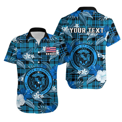 Custom Personalised Hawaii State Hawaiian Shirt Tropical Flowers Mix Tartan Blue Version