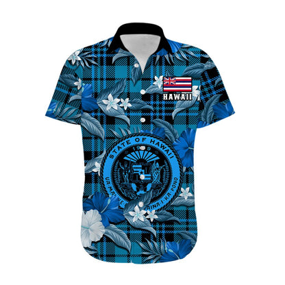 Custom Personalised Hawaii State Hawaiian Shirt Tropical Flowers Mix Tartan Blue Version