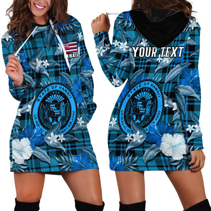 Custom Personalised Hawaii State Hoodie Dress Tropical Flowers Mix Tartan Blue Version
