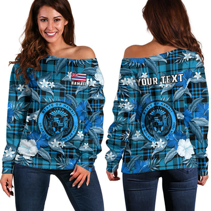 (Custom Personalised) Hawaii State Off Shoulder Sweater Tropical Flowers Mix Tartan Blue Version